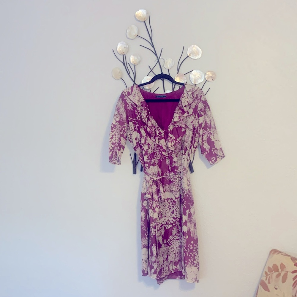 Velvet Purple Floral Silk Midi Dress with Belt Women's Size Large. Runs small